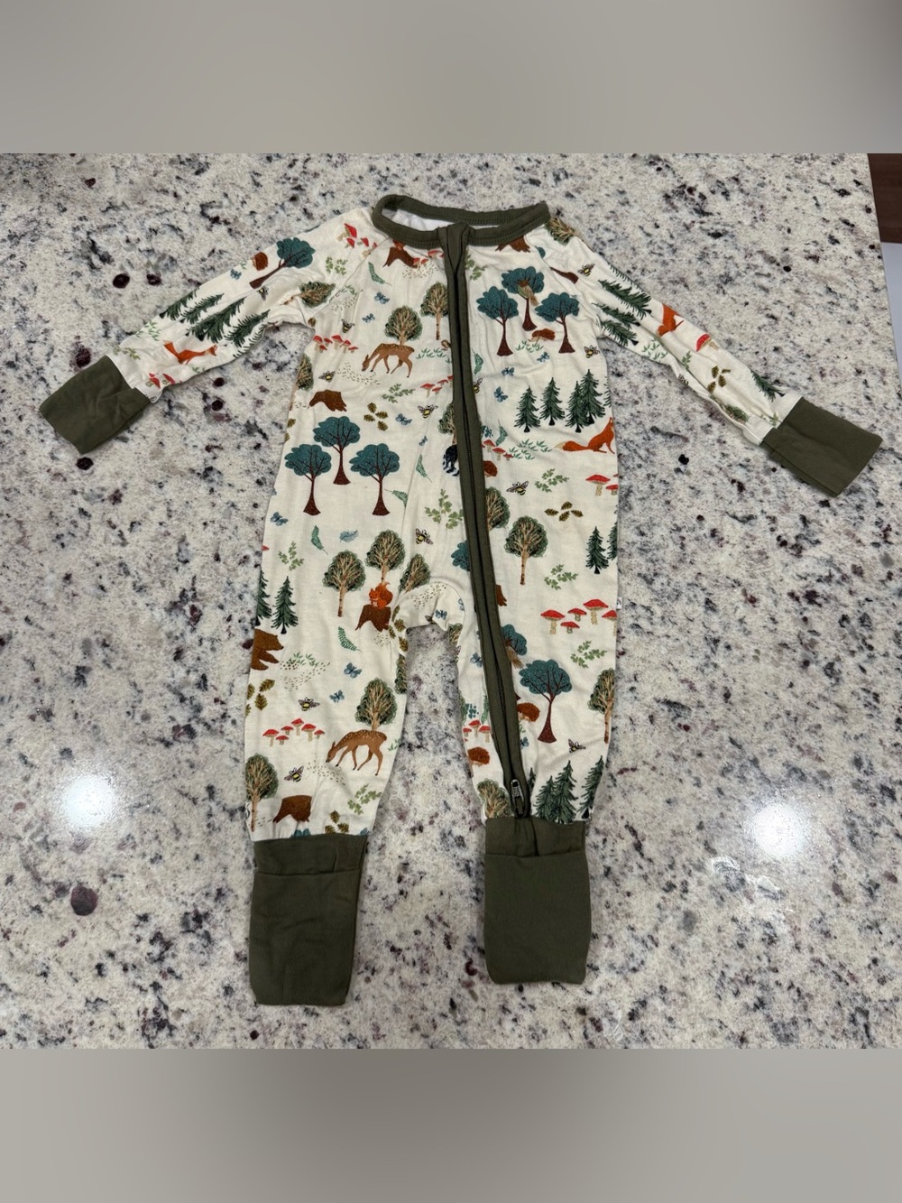 Woodland Print Baby Footie One-Piece in Cream and Olive